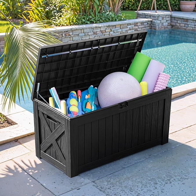 Flamaker Resin Deck Box 120 Gallon Waterproof Large Outdoor Indoor Storage Box Imitation Wood Resin for Patio Furniture Garden Tools and Pool (Black) - Image 3
