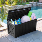 Flamaker Resin Deck Box 120 Gallon Waterproof Large Outdoor Indoor Storage Box Imitation Wood Resin for Patio Furniture Garden Tools and Pool (Black) - Image 3