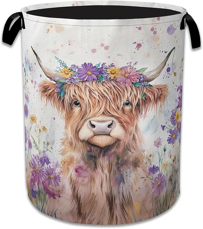 Highland Cow Laundry Basket, Foldable Oxford Cloth Flower Funny Laundry Hamper by Unknown