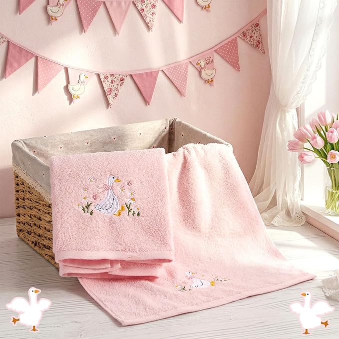 2 Pcs Silly Goose Hand Towels Blush Pink Bathroom Decor 14x29 Inch Embroidered - Image 4