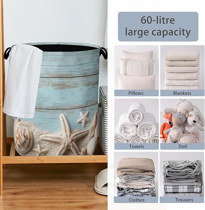 Starfish Seashell Laundry Basket, Vintage Wooden Oxford Cloth Laundry Hamper - Image 6