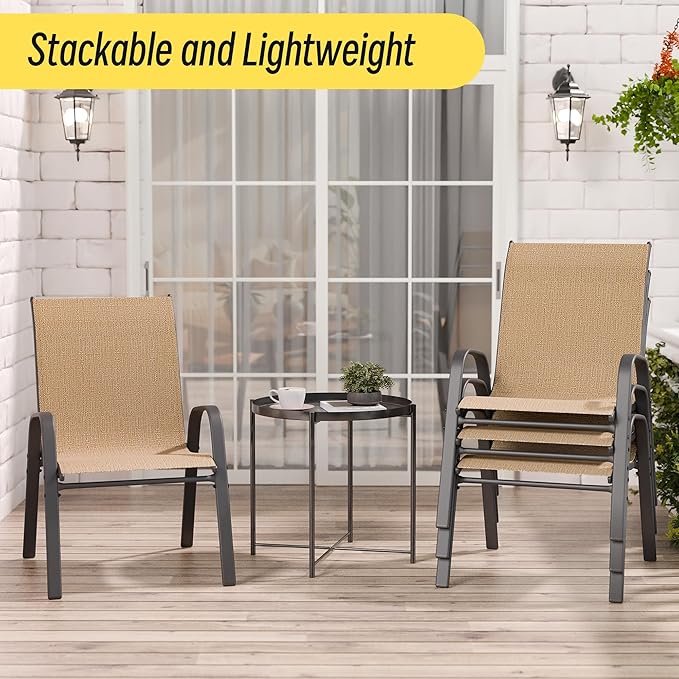Betterhood Patio Chairs Set of 4, Stackable Outdoor Dining Chairs Set with Breathable Seat Fabric, All-Weather Powder-Coated Metal Frame for Deck, Pool Side and Backyard, 350LBS Capacity (Khaki) - Image 8