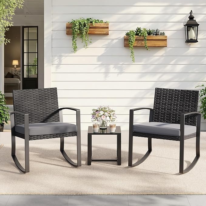 3 Pieces Outdoor Patio Furniture Set Rocking Bistro Set Outdoor Rattan Conversation with Coffee Table for Garden Balcony Backyard Poolside (Grey Cushion) - Image 6