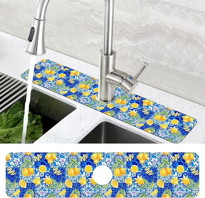 Blue Tiles and Yellow Lemon Sink Faucet Absorbing Mat Sink Splash Guard Faucet - Image 4