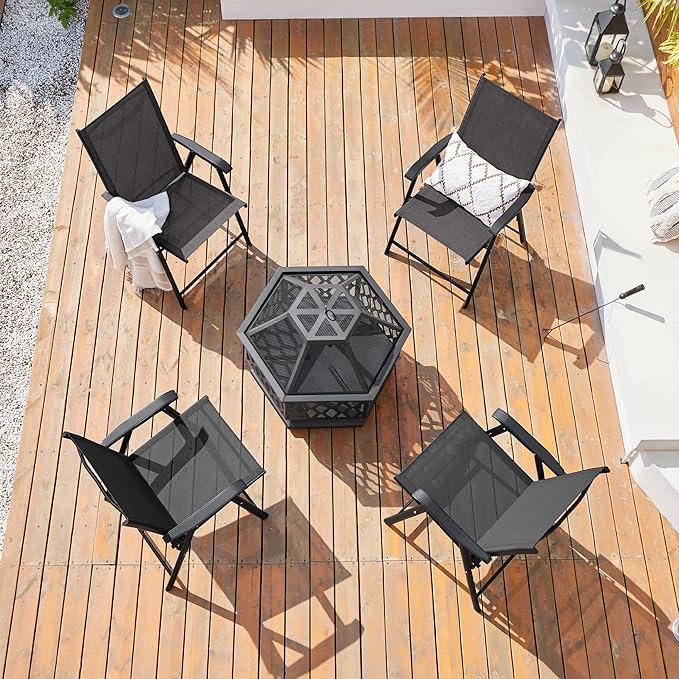 Yaheetech Patio Dining Chairs Set of 2 with Armrests, Outdoor Folding Chairs with Metal Frame and Backrest for Lawn, Garden, Yard and Poolside, Black - Image 2