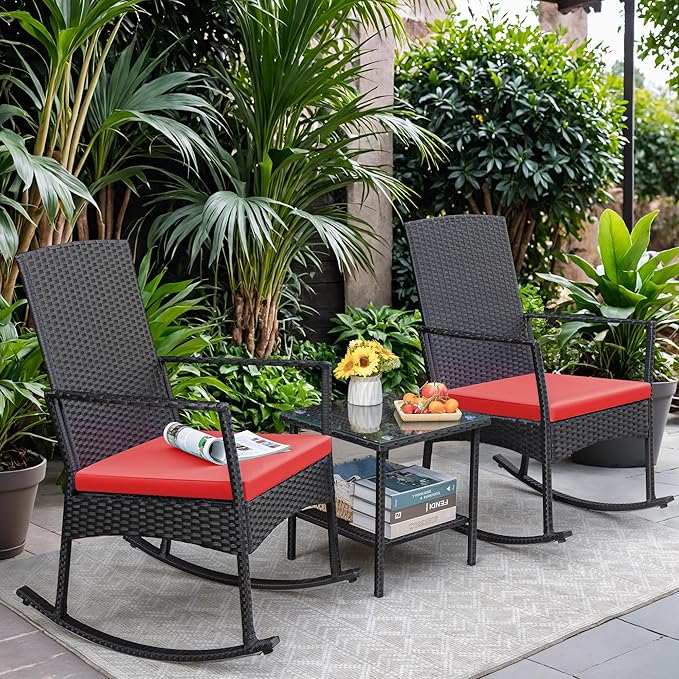 Greesum 3 Pieces Patio Furniture Set Outdoor Wicker Rocking Chairs with Glass Coffee Table for Garden Backyard Porch Poolside, Red - Image 2