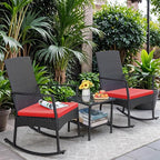 Greesum 3 Pieces Patio Furniture Set Outdoor Wicker Rocking Chairs with Glass Coffee Table for Garden Backyard Porch Poolside, Red - Image 2