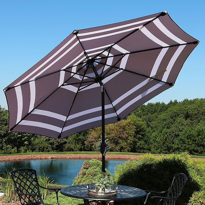 Sunnydaze Outdoor Patio Umbrella - Polyester Table Market Umbrella with Push-Button Tilt and Crank - 8 Sturdy Ribs - Navy Blue Stripe - 9ft - Image 6
