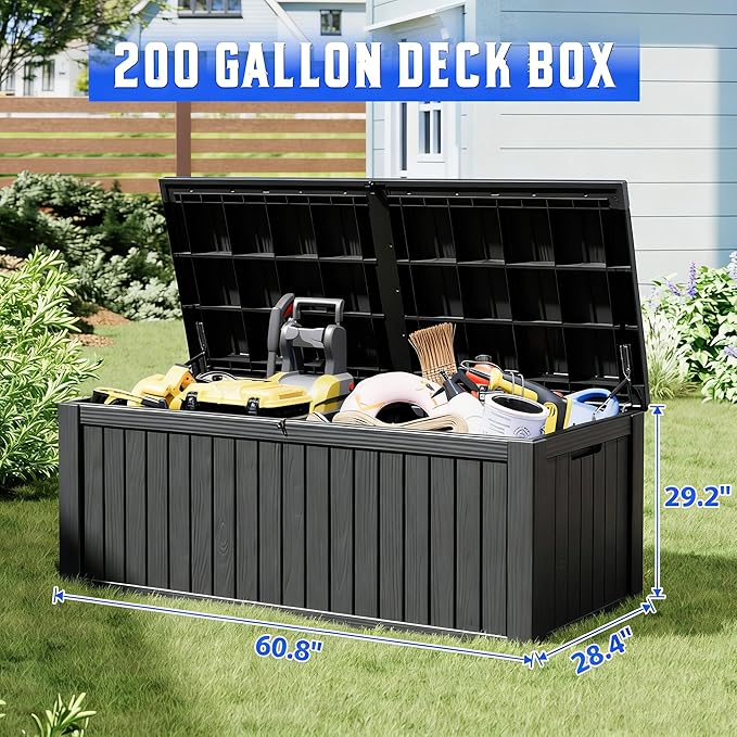 Outdoor Storage Box, Resin Deck Boxes Indoor and outdoor, Waterproof Storage Box Lockable Lid (Black,200 Gallon) - Image 2