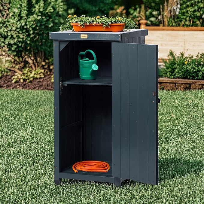 HABAU Outdoor Storage Cabinet for Patio, Garden Potting Bench Table with Shelves & Metal-Tabletop, Wooden Planting Work Station, Weatherproof - Image 2