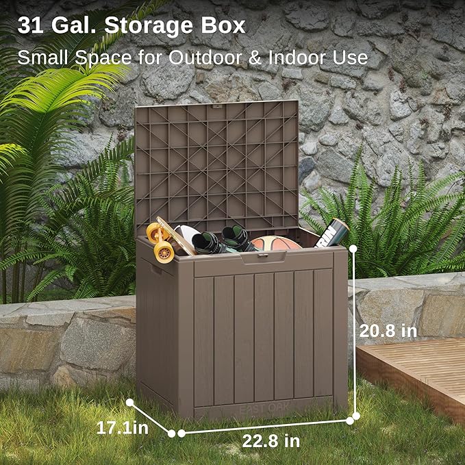 EAST OAK Outdoor Storage Box, 31 Gallon Deck Box, Waterproof Resin Storage Bin for Patio Cushions, Gardening Tools, Accessories, Lockable, UV Resistant, Brown - Image 3