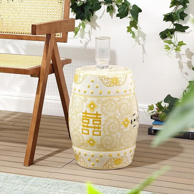 JONATHAN Y TBL1013B Double Happiness 18" Chinoiserie Ceramic Drum Indoor/Outdoor Garden Stool Bohemian, Coastal, Classic, Cottage,Traditional, Patio, Garden, Bathroom, Living Room, Yellow/White - Image 6