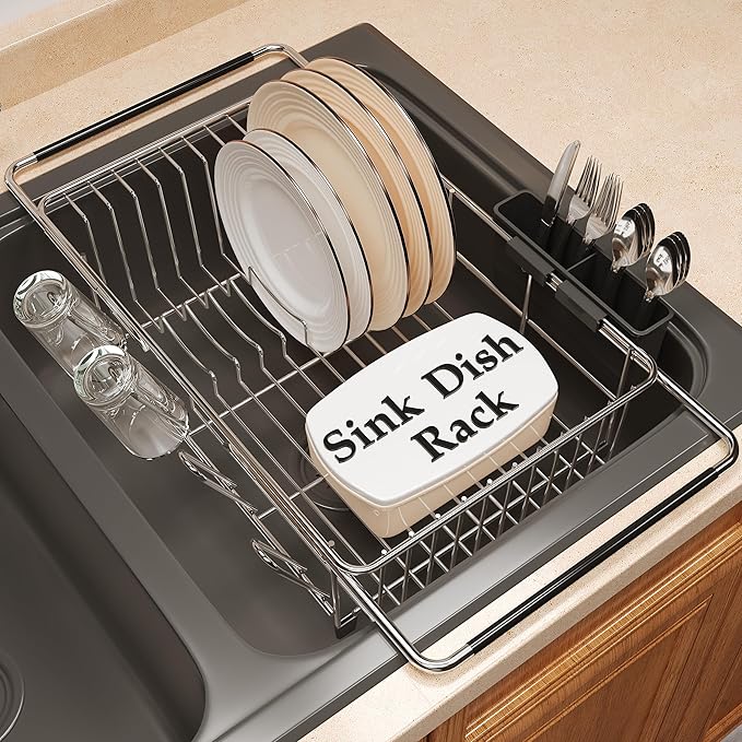 Over the Sink Expandable Dish Drainer Drying Rack In Stainless Steel by Romision