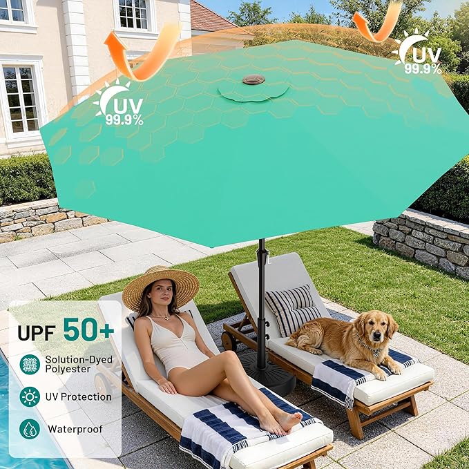AreShark 9 FT Patio Umbrella for Outdoor, Outdoor Umbrella with Push Button Tilt and Crank, Outdoor Patio Umbrellas with 8 Sturdy Ribs for Market, Garden, Deck, Backyard, Pool (Peacock Blue) - Image 4