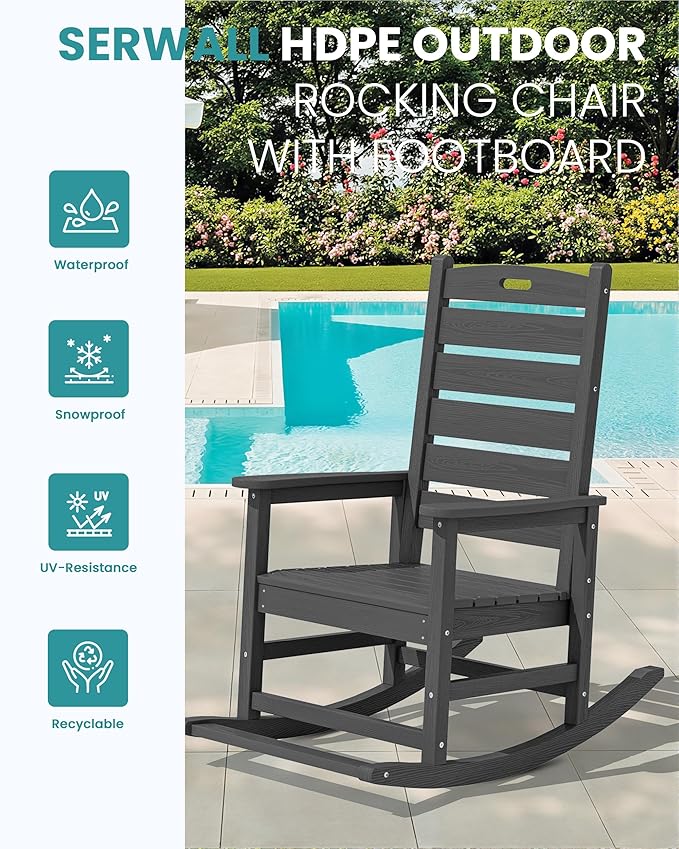 SERWALL Outdoor Rocking Chair Set of 4, Oversized HDPE Patio Rocking Chair with Footrest for Adults, All Weather Porch Rocker for Deck Patio Balcony, Gray - Image 4