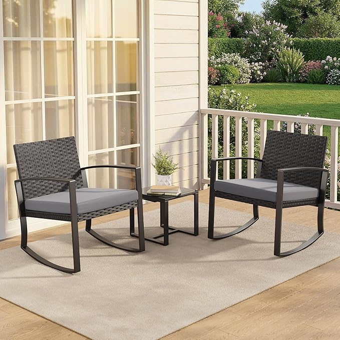 3 Pieces Outdoor Patio Furniture Set Rocking Bistro Set Outdoor Rattan Conversation with Coffee Table for Garden Balcony Backyard Poolside (Grey Cushion) - Image 8