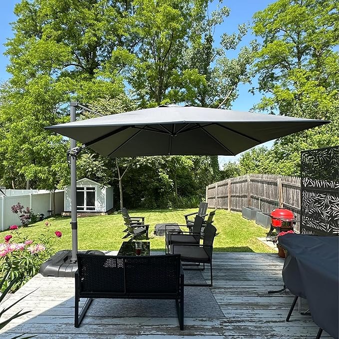 PURPLE LEAF 8 Feet Square Cantilever Umbrella Patio Umbrella with Base Outdoor Umbrella Aluminum Offset with 360-degree Rotation for Garden Deck Pool Patio Light Grey by PURPLELEAF