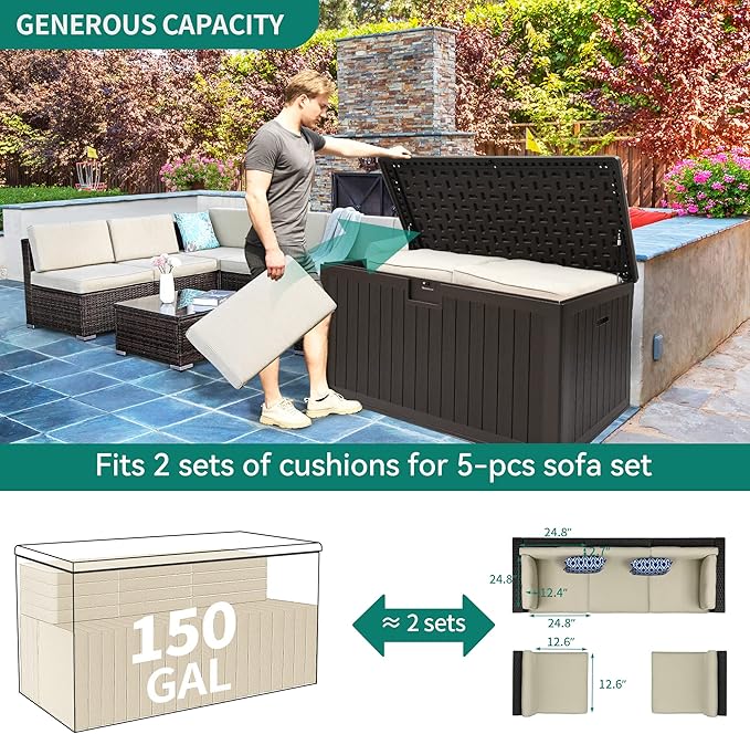 YITAHOME 150 Gallon Large Deck Box with Side Handles, Outdoor Double-Wall Storage for Patio Furniture Cushions, Garden Pool Accessories, Waterproof & Lockable - Image 7