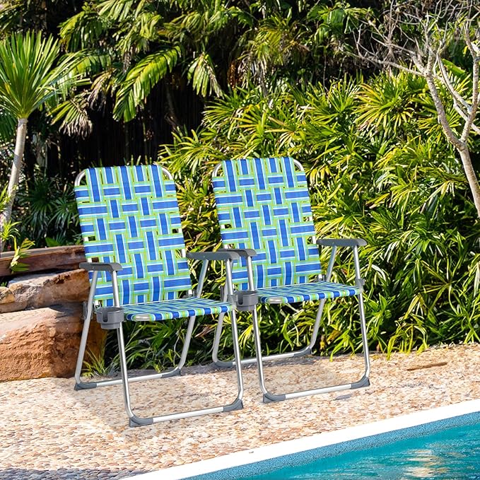 VINGLI Aluminum Patio Lawn Chairs Folding Set of 2 with Detachable Cup Holder, Webbed Beach Chair Folding Chair Outdoor Portable Camping Chair for Yard, Garden Blue alulawnchair - Image 8