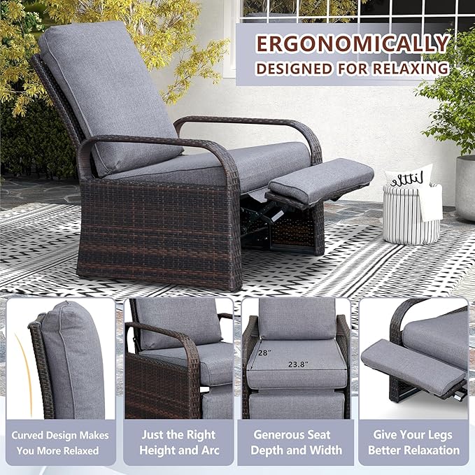 ATR ART TO REAL Outdoor Wicker Recliner Chair with 5.5'' Cushions, Automatic Adjustable Patio Chaise Lounge Chairs, Aluminum Frame Reclining Chair, UV Resistant, Rustless (Grey) - Image 7