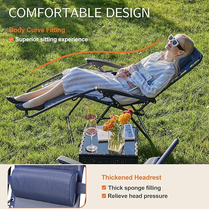 Sweetcrispy Zero Gravity Chairs, Set of 2 Portable Recliner Beach Camping Patio Outdoor Folding Lounge Chair with Cup Holder Trays and Adjustable Pillow for Poolside, Garden, Backyard, Lawn (Blue) - Image 7