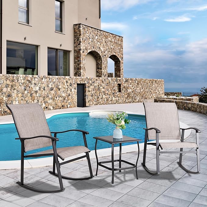 Vongrasig 3 Piece Outdoor Rocking Bistro Set, Textilene Fabric Small Patio Furniture Set, Front Porch Rocker Chairs Conversation Set with Glass Table for Lawn, Garden, Balcony, Poolside (Taupe) - Image 2