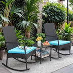 Greesum 3 Pieces Patio Furniture Set Outdoor Wicker Rocking Chairs with Glass Coffee Table for Garden Backyard Porch Poolside, Blue - Image 2
