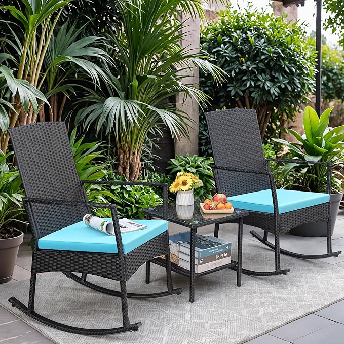 Greesum 3 Pieces Patio Furniture Set Outdoor Wicker Rocking Chairs with Glass Coffee Table for Garden Backyard Porch Poolside, Blue - Image 2