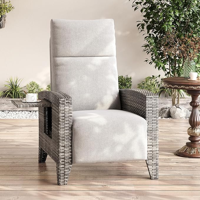 IDEALHOUSE Wicker Outdoor Recliner Reclining Patio Chairs with Adjustable Back & Footrest 150° Lay-Flat Reclining with Air Pump Rattan Flip-Up Side Table Outdoor Lounge Chairs for Pool Deck Balcony - Image 3