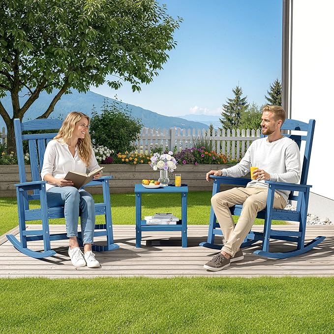 SERWALL Rocking Chairs Set of 2, HDPE Outdoor Rocking Chair, All-Weather Porch Rockers for Patio, Blue - Image 2