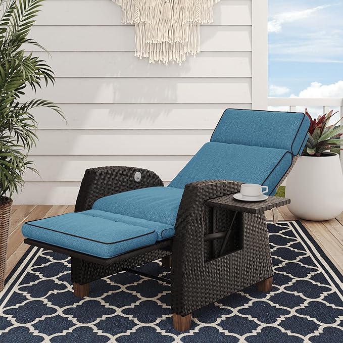 Grand patio Outdoor Recliner Chair Patio 150° Lay Flat Recliner with Flip Table Wicker Reclining Lounge Chair Peacock Blue by GrandPatio