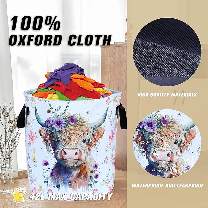 Highland Cow Laundry Basket Foldable Waterproof Oxford Cloth Funny Tote Bag - Image 6