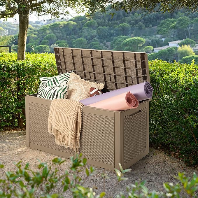 Devoko 100 Gallon Waterproof Large Resin Deck Box Outdoor Storage Box Indoor Lockable Storage Container with Cushion for Patio Furniture Garden Pool Cushions (Light Brown) - Image 2