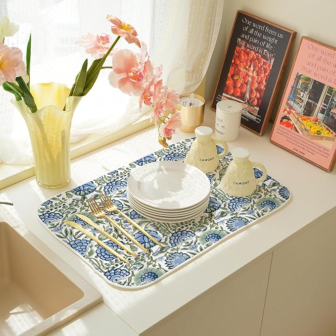 Blue Sage Green Floral Dish Drying Mats 18x24 Inch Sage Green Block Print - Image 5