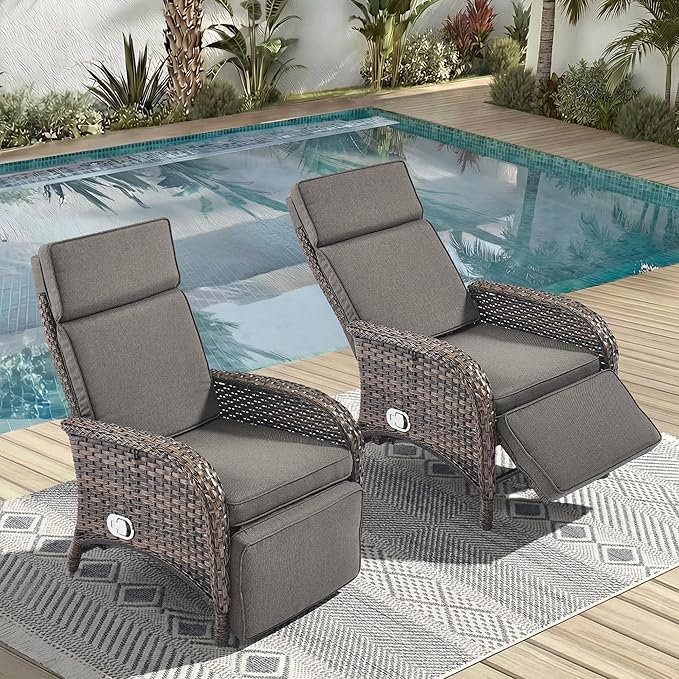Zero Gravity Wicker Patio Recliner Chairs Set of 2 - Wicker Outdoor Lounge Chair with Adjustable Backrest & Footrest, All Weather Outdoor Reclining Chairs with Thick Cushion for Pool Deck Grey by JelwalyPatioFurnitureSet