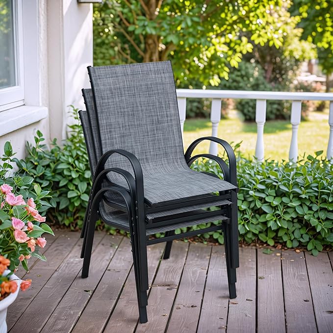 Flamaker Patio Chairs Stackable Dining Chairs Set of 4 Metal and Teslin Outdoor Chairs for Lawn Deck Balcony Porch (Grey) - Image 8