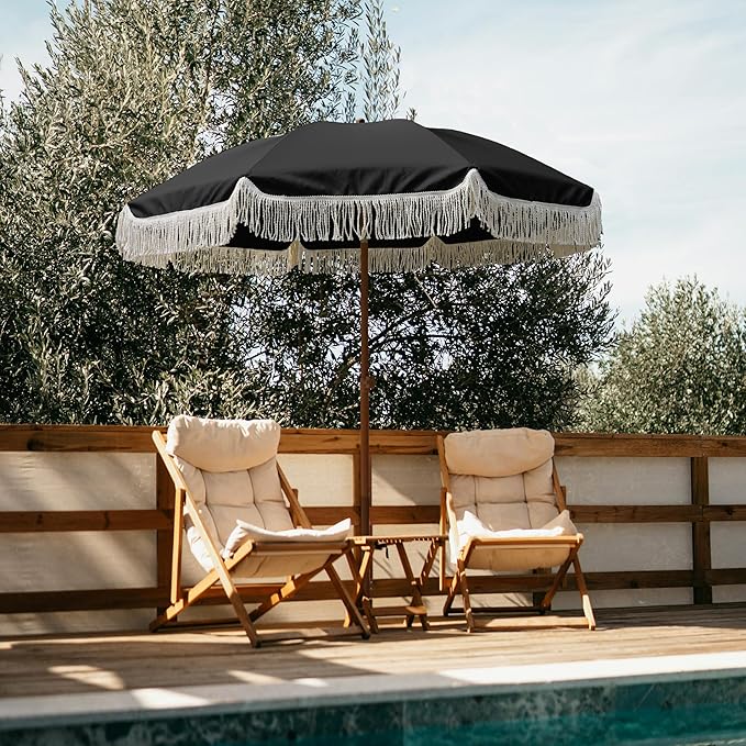 AMMSUN 7ft Patio Umbrella with Fringe Outdoor Tassel Umbrella UPF50+ Premium Steel Pole and Steel Ribs Push Button Tilt, Black - Image 5