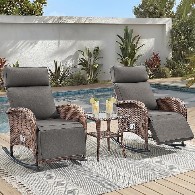 3 Pieces Zero Gravity Wicker Patio Rocking Recliner Chairs Set of 2 - Wicker Outdoor Lounge Chair with Side Table, Adjustable Backrest & Footrest, High Back Outdoor Recliner Chair for Pool Deck Gray by JelwalyPatioFurnitureSet