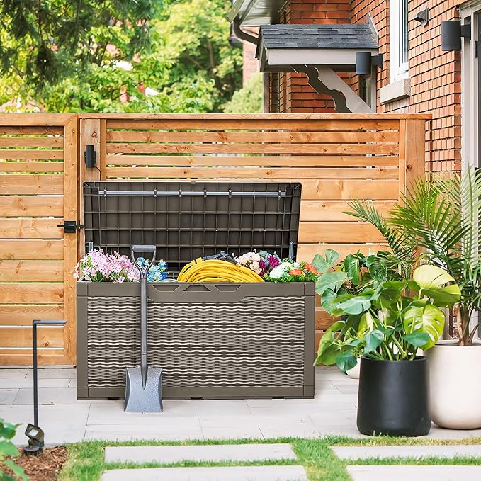 Devoko 100 Gallon Deck Box, Waterproof Resin Outdoor Storage Box with Cushion for Outside, Large Outdoor Storage Bench Cabinet Lockable for Patio Furniture and Garden Tools (Brown) - Image 7