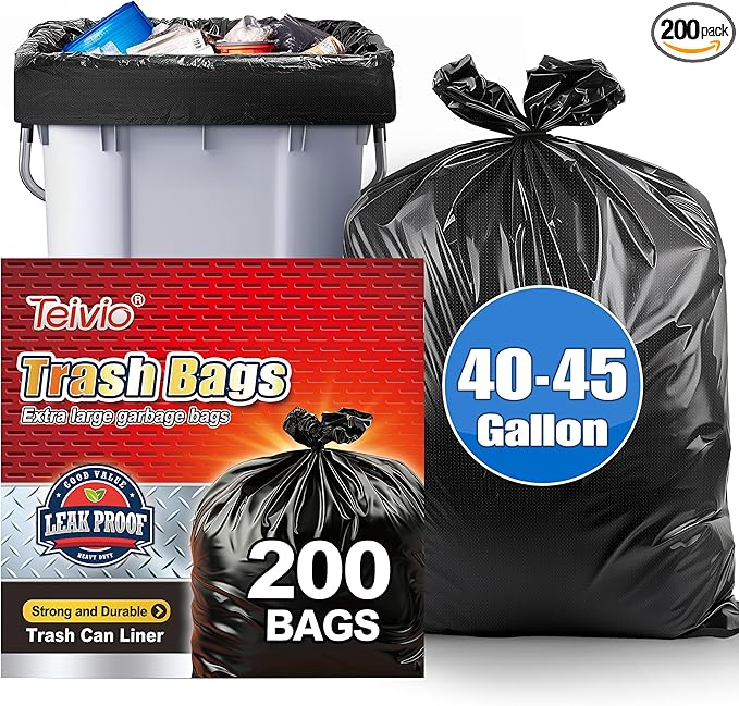 Teivio Large Black Trash Bags 40-45 Gallon 200 Counts Multipurpose Trash Bags by Teivio
