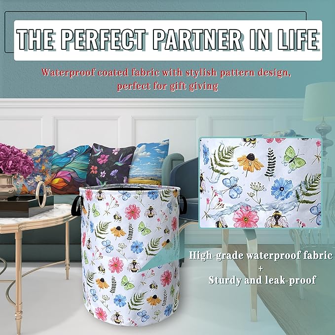 Cute Bee Floral Flowers Laundry Basket Foldable - Image 5