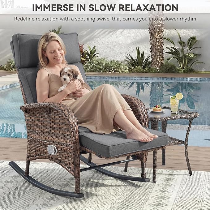 3 Pieces Zero Gravity Wicker Patio Rocking Recliner Chairs Set of 2 - Wicker Outdoor Lounge Chair with Side Table, Adjustable Backrest & Footrest, High Back Outdoor Recliner Chair for Pool Deck Gray - Image 4