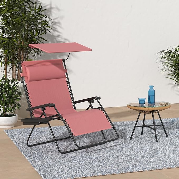 Best Choice Products Folding Zero Gravity Outdoor Recliner Patio Lounge Chair w/Adjustable Canopy Shade, Headrest, Side Accessory Tray, Textilene Mesh - Pink - Image 2