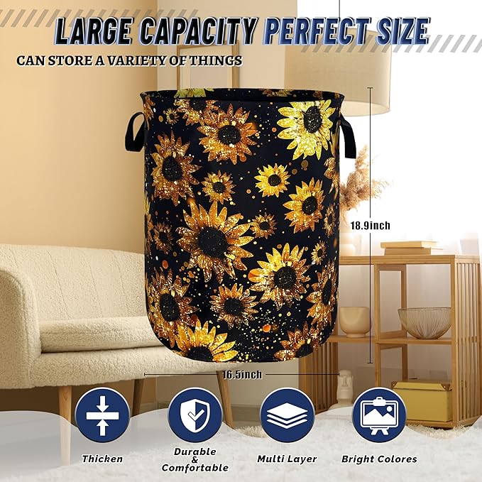 Beautiful Sunflower Laundry Basket Foldable Oxford Cloth Yellow Floral Laundry - Image 3