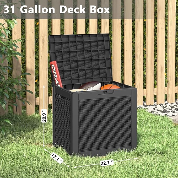 Outdoor Storage Box, Resin Deck Boxes Indoor and outdoor, Waterproof Storage Box Lockable Lid (Black, 31 Gallon) - Image 2