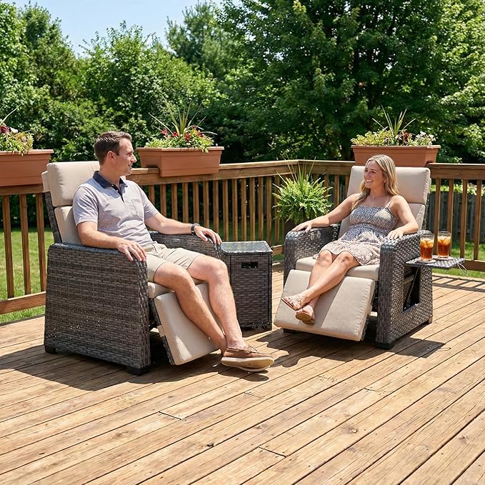 Restland Outdoor Recliner with Independent Adjustable Back & Footrest Wicker Patio Reclining Chair with Flip Table Comfortable Lounge Chair & Thick Cushion for Deck, Porch (3 Piece, Beige) - Image 8