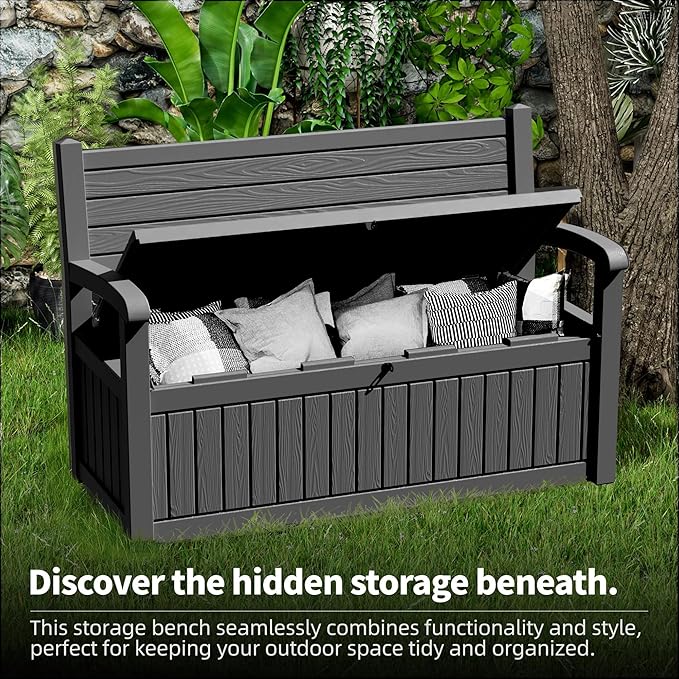 80 Gallon Outdoor Storage Bench Deck Box Waterproof Lockable,Outdoor Storage Furniture for Patio,Garden and Porch,Tools and Cushions（ Black Stripe） - Image 6