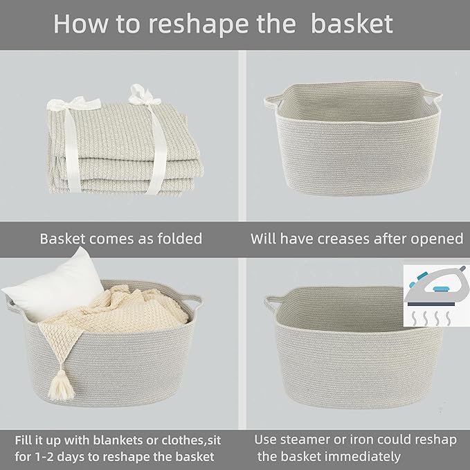 Large Rectangle Blankets Basket Living Room 22"x17"x12" Woven Cotton Rope - Image 7