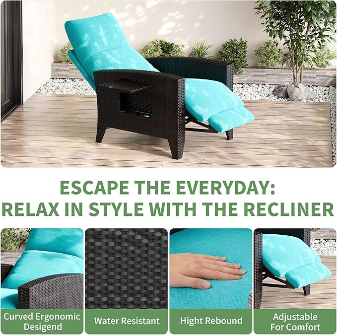 IDEALHOUSE Wicker Outdoor Recliner Reclining Patio Chairs with Adjustable Back & Footrest 150° Lay-Flat Reclining with Air Pump Rattan Flip-Up Side Table Outdoor Lounge Chairs for Pool Deck Balcony - Image 6