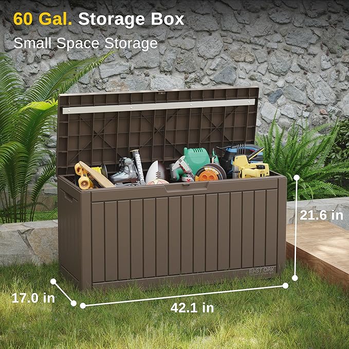 EAST OAK Outdoor Storage Box, 60 Gallon Deck Box Indoor and Outdoor Use, Waterproof Resin Storage Bin for Patio Cushions, Gardening Tools, Lockable, UV Resistant, Brown - Image 2